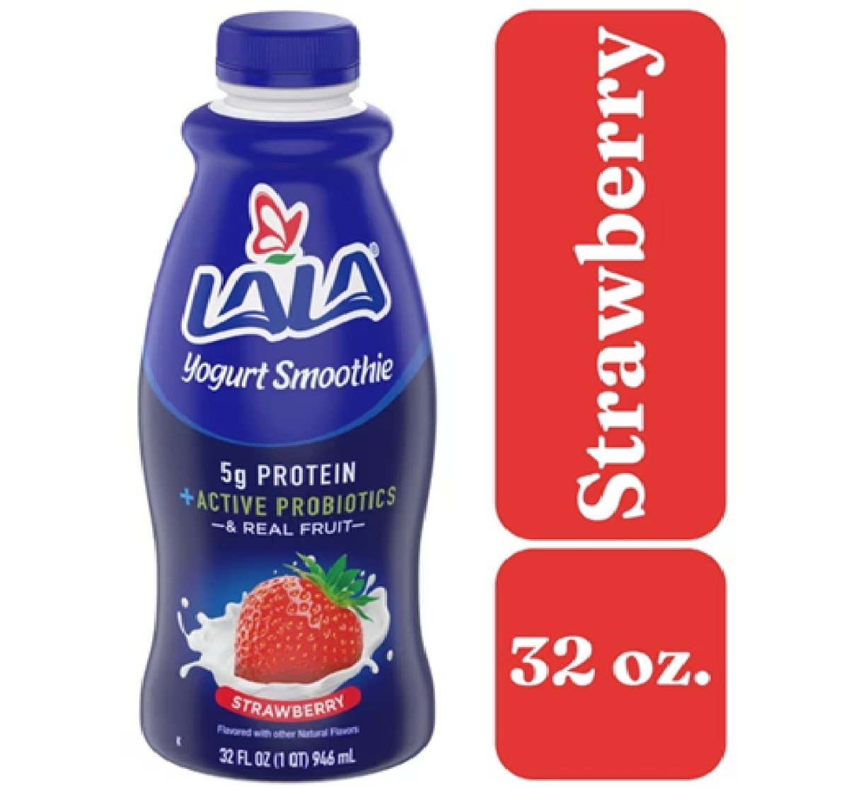 LALA Probiotic Protein Yogurt Shake for Kids and Adults, Strawberry, 32 oz Plastic Bottle