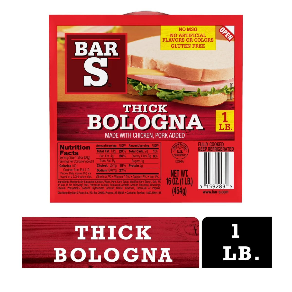 Bar-S Bologna Style Lunchbox Thick Sliced ​​Meat 8 Slices per Pack, 1 Pound Pack