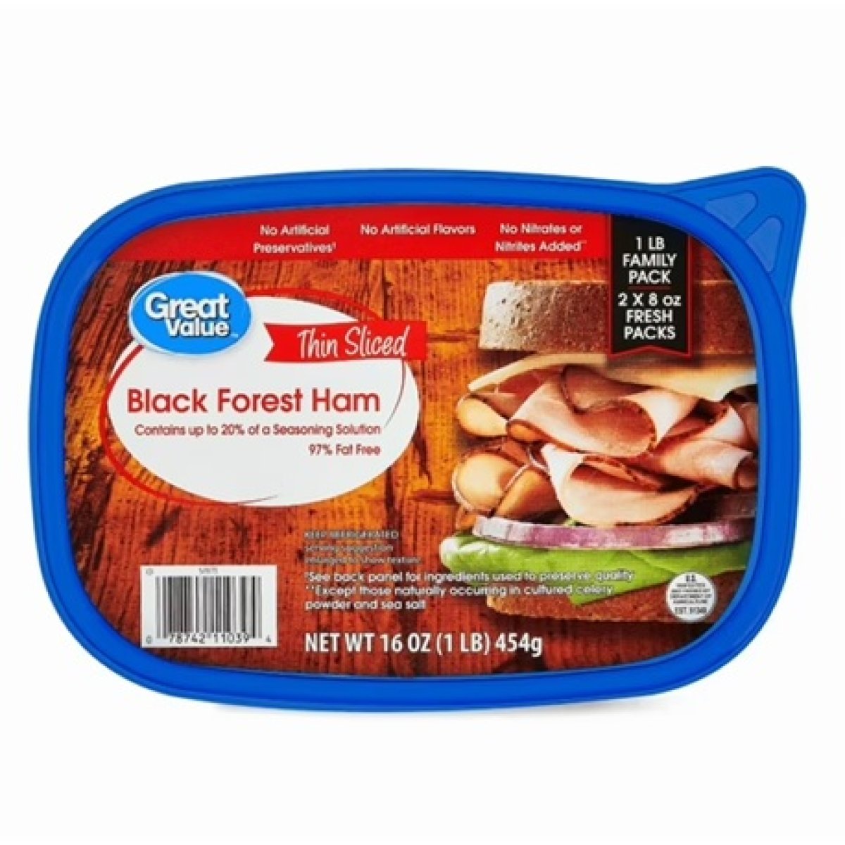 Great Value Thin Sliced Black Forest Ham Lunchmeat, Family Pack, 1 lb, Resealable Plastic Tub, 10 g of Protein per 2 oz Serving