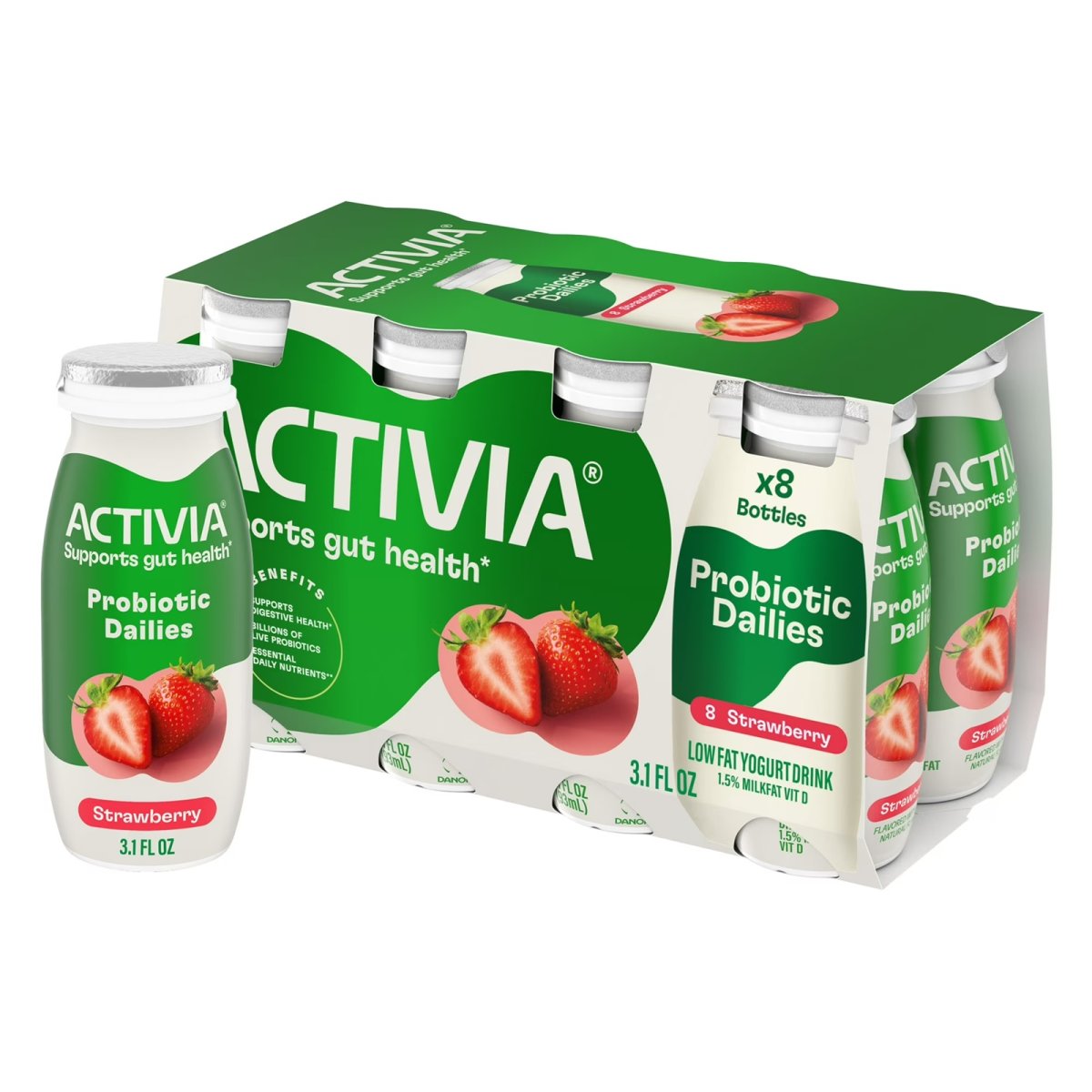 Activia Probiotic Dailies Strawberry Low Fat Probiotic Yogurt Drinks, Helps Support Gut Health, 3.1 fl oz, 8 Count