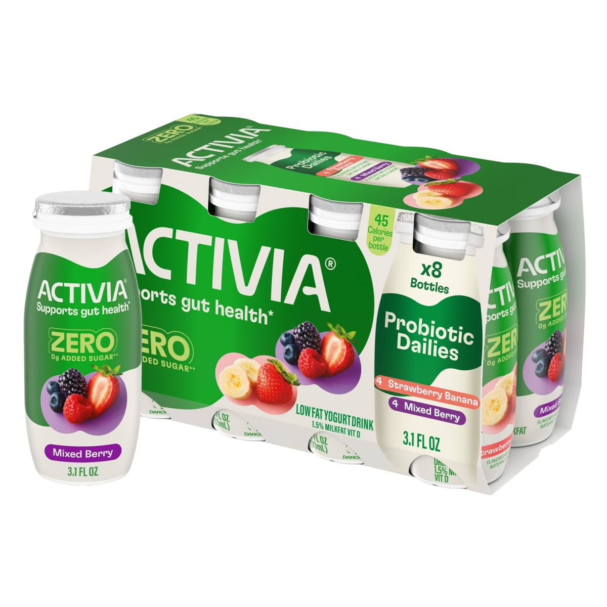 Activia ZERO 0g Added Sugar Strawberry Banana and Mixed Berry Probiotic Dailies Low Fat Yogurt Drinks, Helps Support Gut Health, 3.1 fl oz, 8 Count