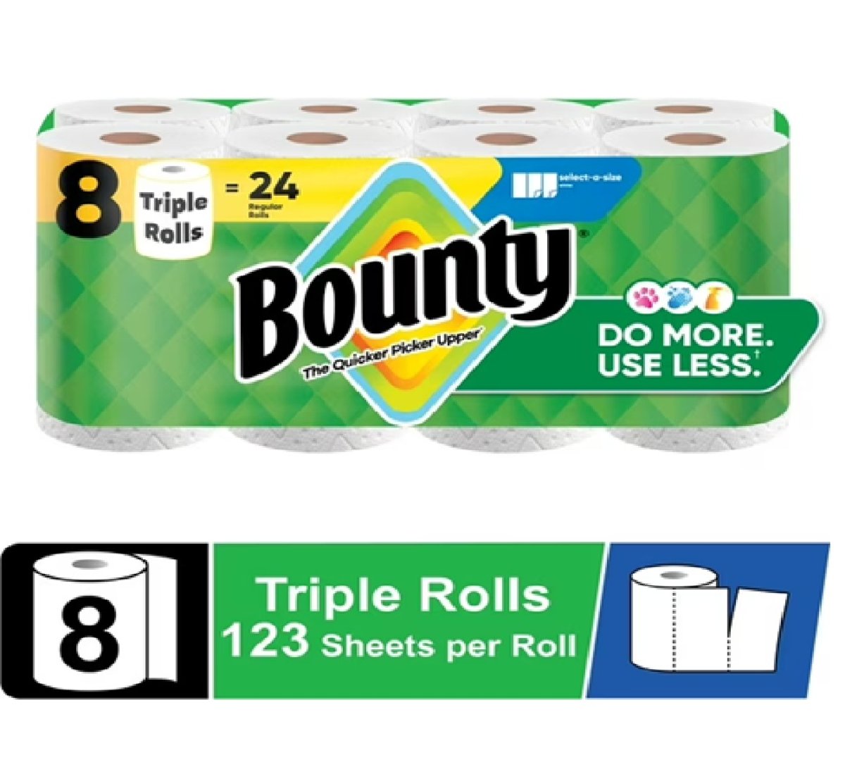 Bounty Paper Towels Select-A-Size White, 8 Triple Rolls, 123 Sheets per Roll