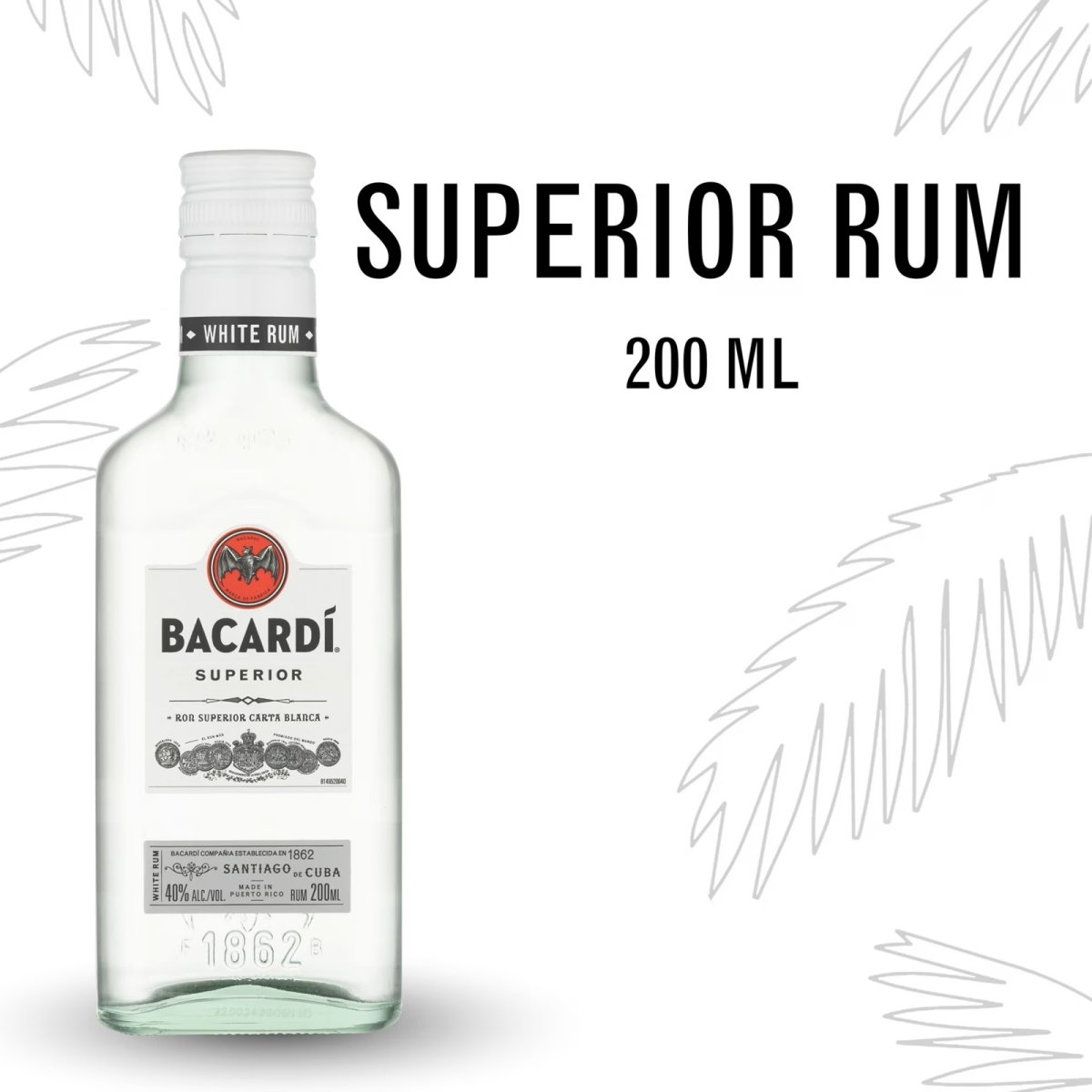 BACARDI Superior White Rum, Gluten Free, 200 mL Bottle, ABV 40%