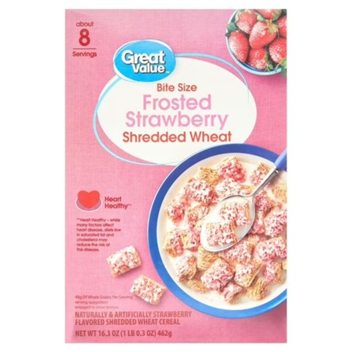 Great Value Shredded Wheat Breakfast Cereal with Glazed Strawberry, Bite Size, 16.3 oz