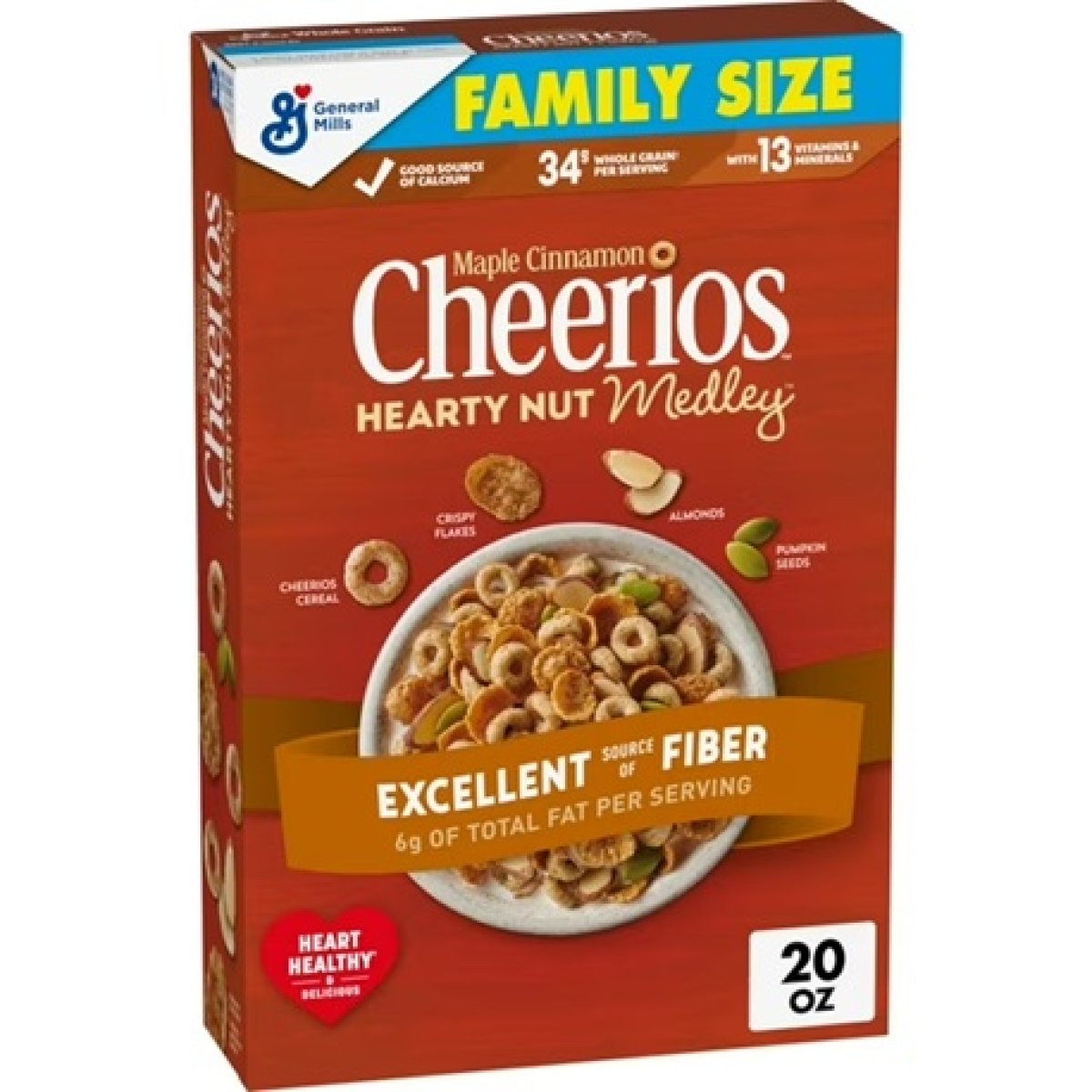 Cheerios Hearty Nut Medley Breakfast Cereal Maple Cinnamon, Family Size, 20 oz