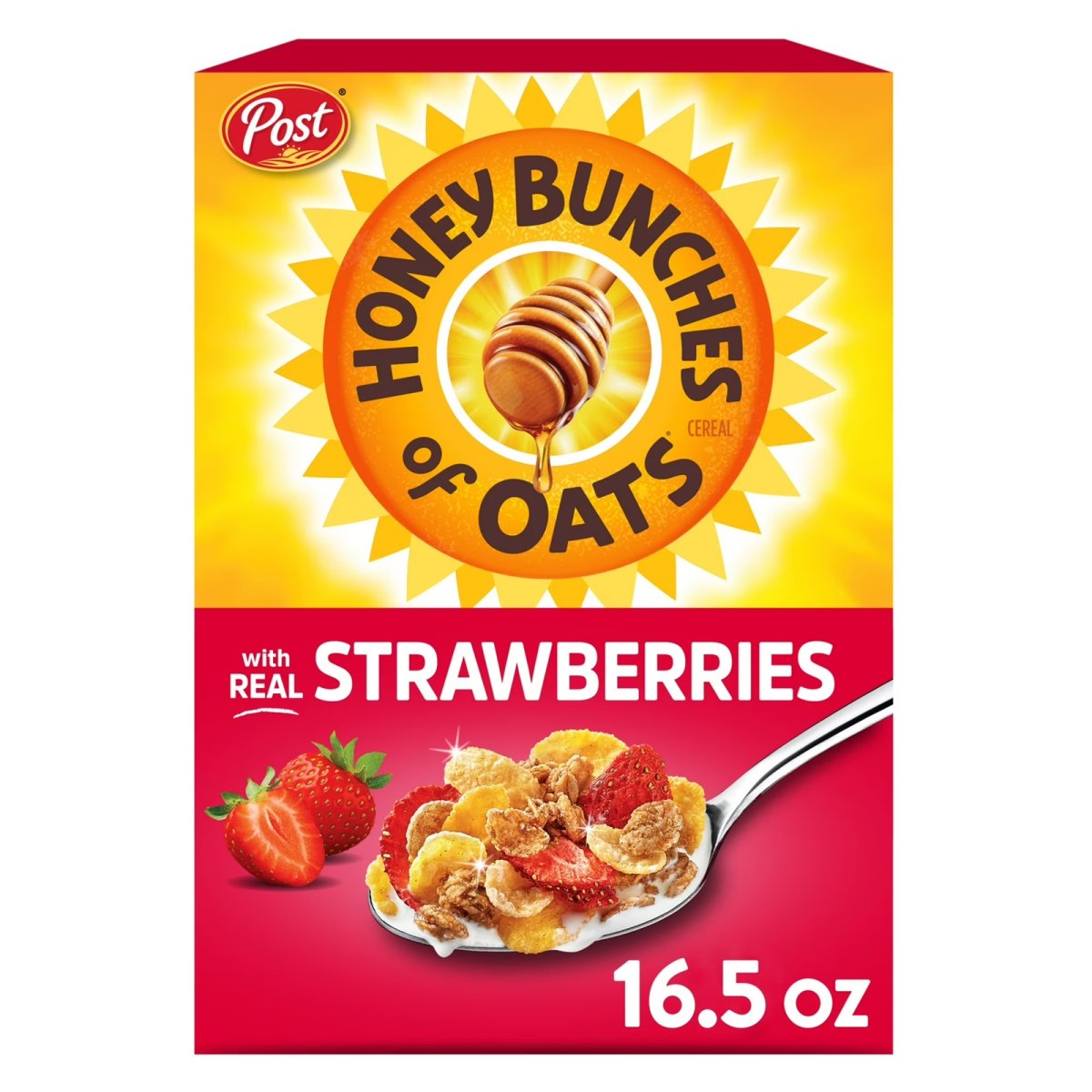 Post Honey Bunches of Oats Breakfast Cereal with Strawberries, Oatmeal Cereal with Honey and Strawberry, 16.5 oz Box