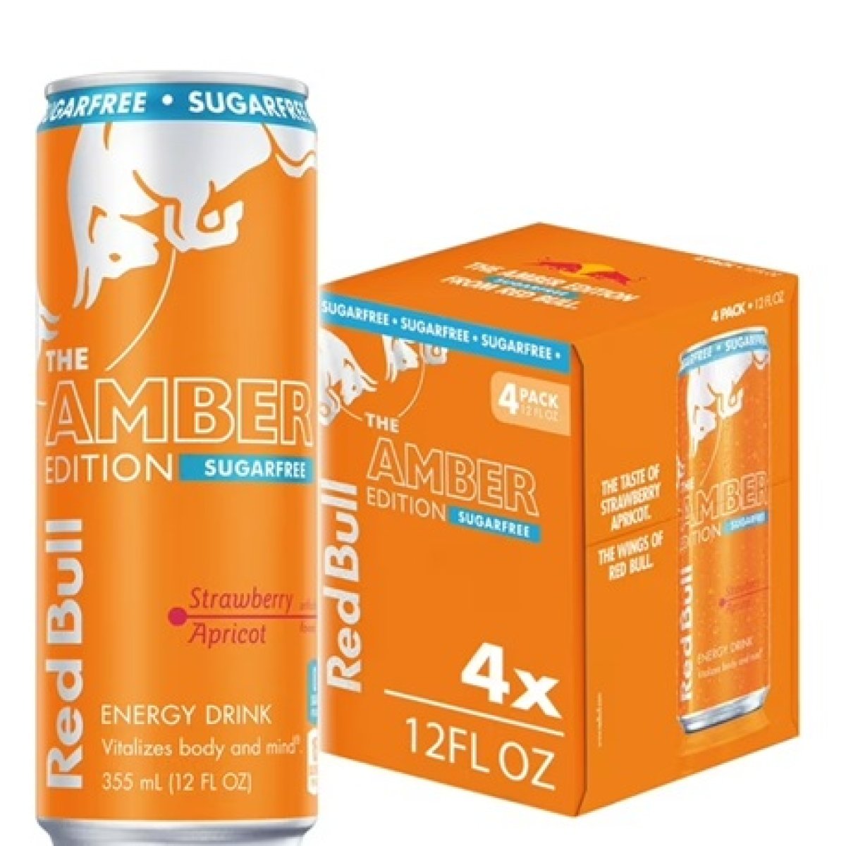 Red Bull Amber Edition Sugarfree Energy Drink, Apricot and Strawberry, 12 fl oz, 4 Can Pack