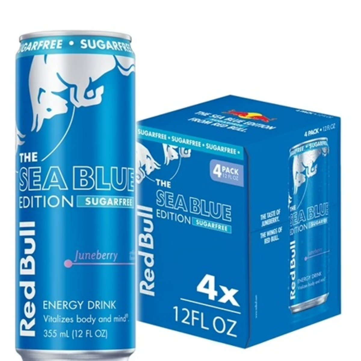 Red Bull Sea Blue Energy Drink Edition Sugarfree, Juneberry, 12 fl. oz., Pack of 4 Cans