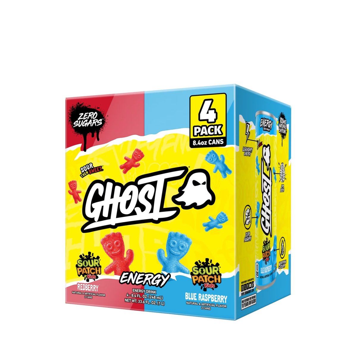GHOST ENERGY Sugar-Free Energy Drink, Kids Variety Pack with Bitter Patch, 100mg Natural Caffeine, 8.4 fl oz, 4-Pack of Cans