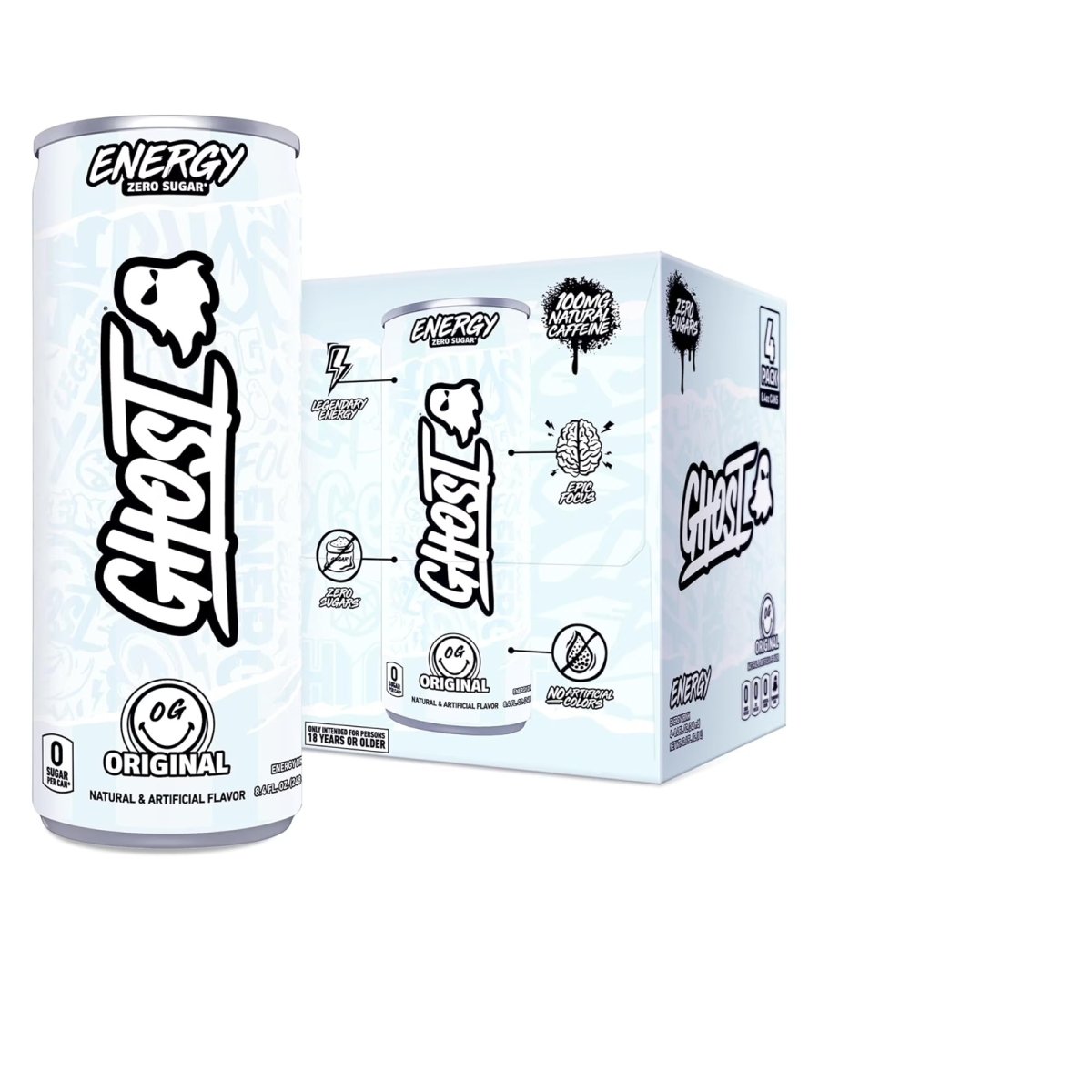 GHOST ENERGY Sugar-Free Energy Drink, Original Flavor, 100 mg Natural Caffeine, 8.4 fl oz, 4-Pack Cans