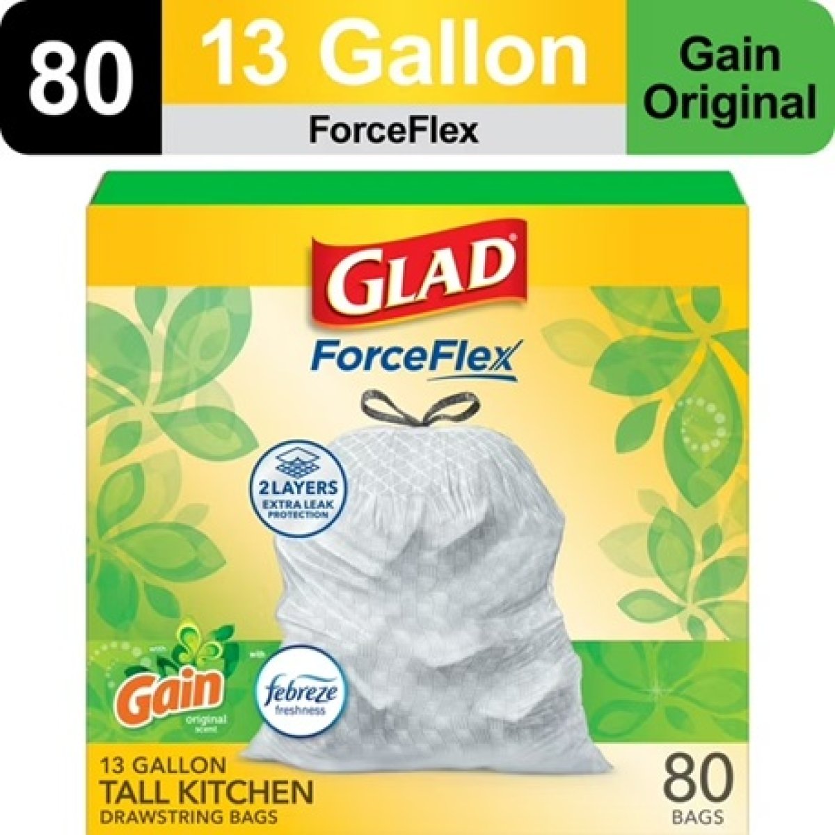 Glad ForceFlex Tall Drawstring Kitchen Trash Bags, 13 Gallons; Febreze Originality with Freshness, 80 Count