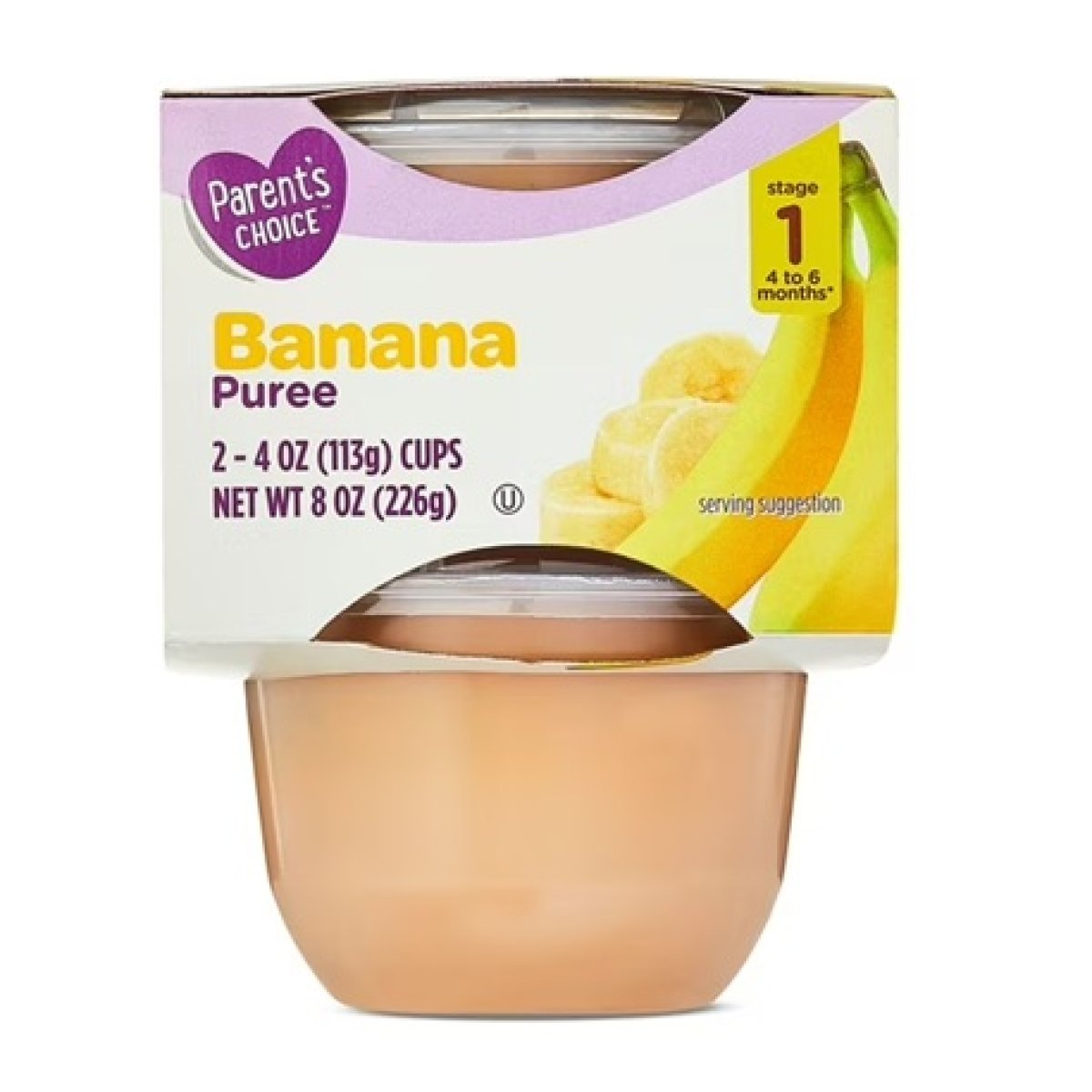 Parent's Choice Stage 1 Baby Food, Banana Puree, 4 oz Cups (2 Pack)