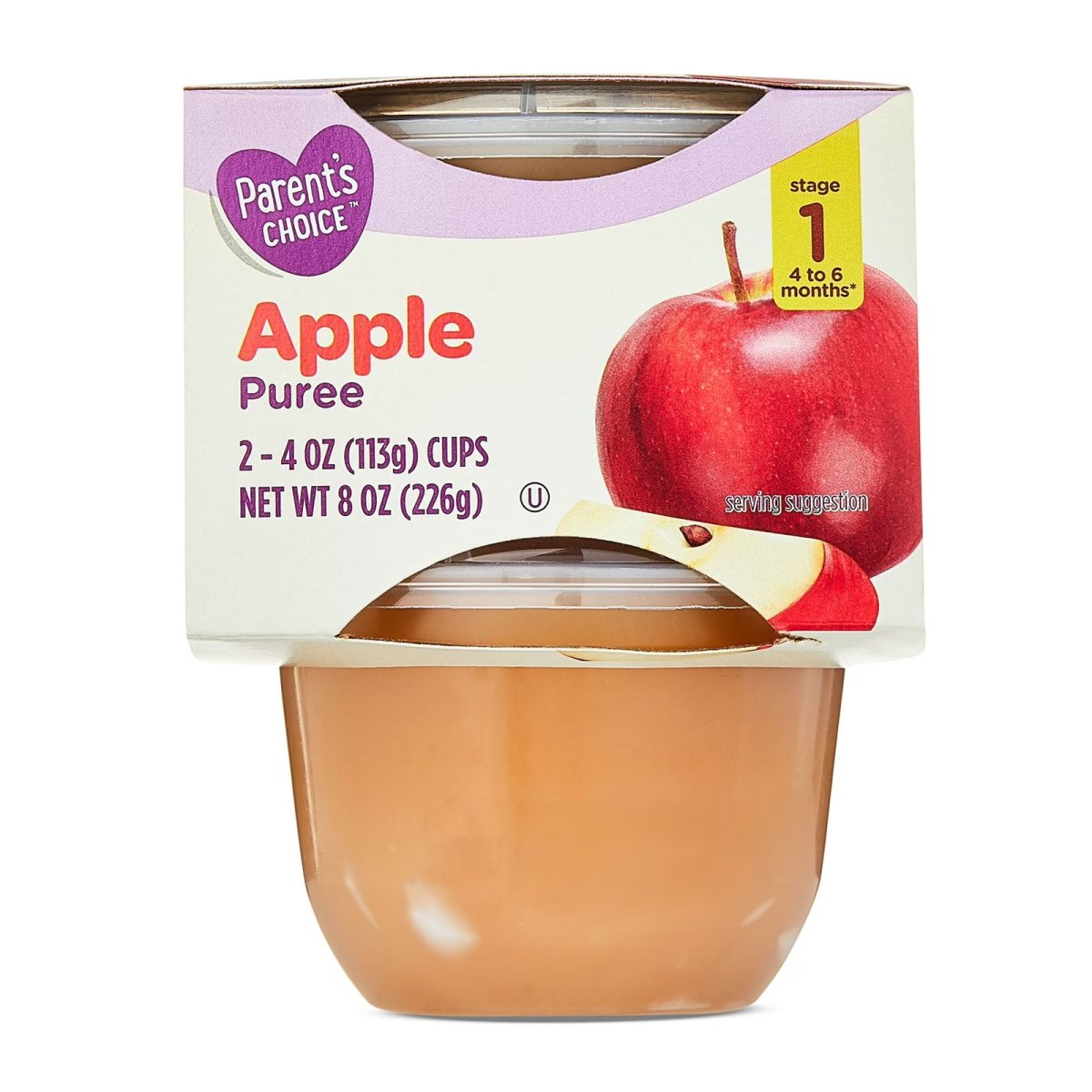 Parent's Choice Stage 1 Baby Food, Apple Puree, 4 oz Cups (2 Pack)