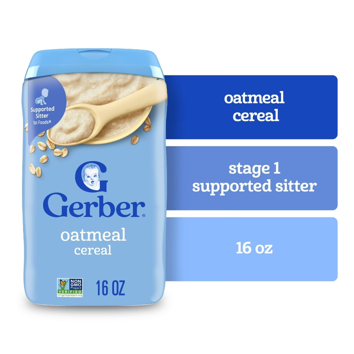 Gerber Stage 1 Baby Food, Oatmeal Cereal for Babies, 8g Whole Grain Cereal, Infant Cereal 16 oz