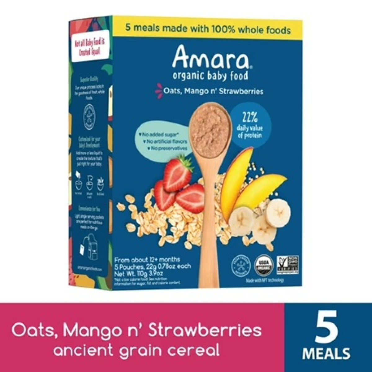 Amara Organic Baby Food Oatmeal, Mango and Strawberry, No Added Sugar, Stage 2, 5 Individual Servings