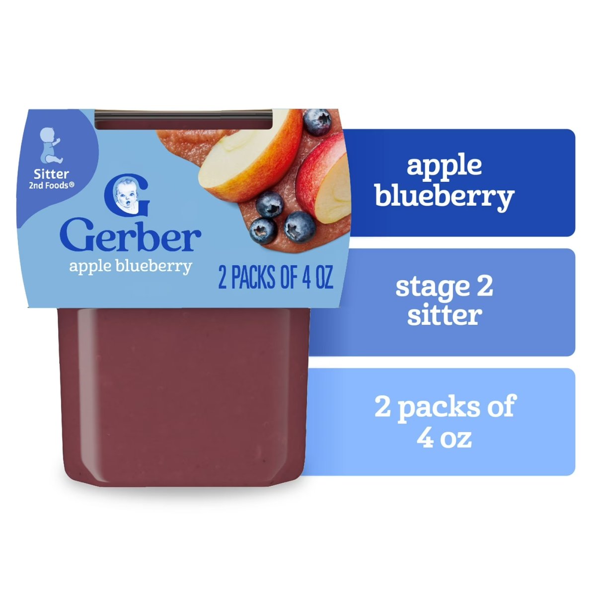 Gerber Stage 2 Baby Food, Apple Blueberry Puree Tub, Baby Puree, 2PK 8 oz
