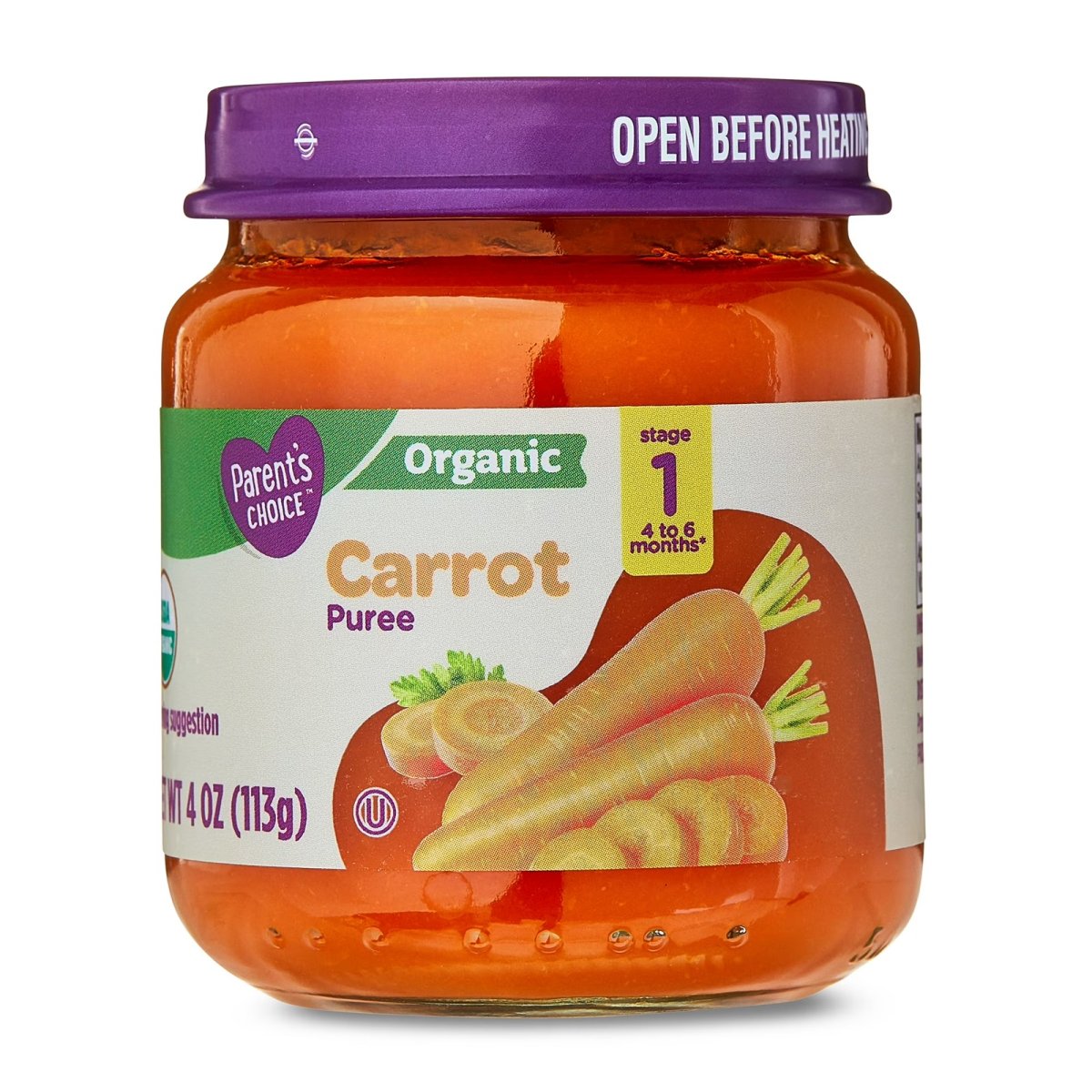 Parent's Choice Organic Stage 1 Baby Food, Carrot Puree, 4 oz Jar