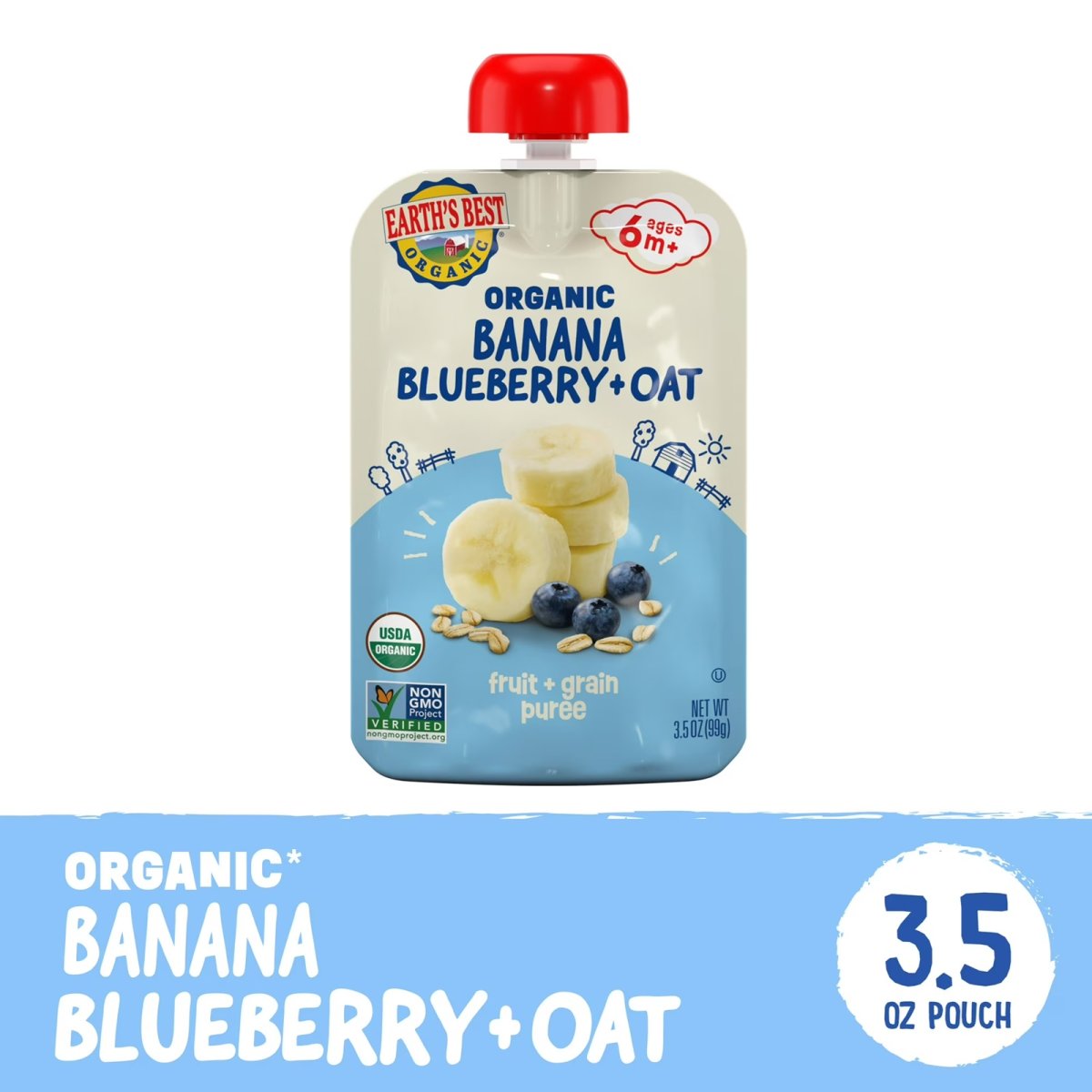 Earth's Best Organic Stage 2 Baby Food, Banana Blueberry Oat Fruit & Grain Puree, 3.5 oz Pouch
