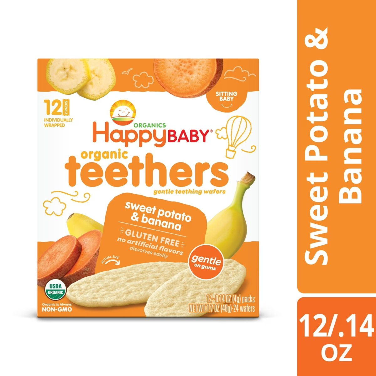 Happy Baby Organics Teethers, Sweet Potato & Banana Organic Gluten Free Gentle Teething Wafers, Box of 12-2packs (24 wafers)