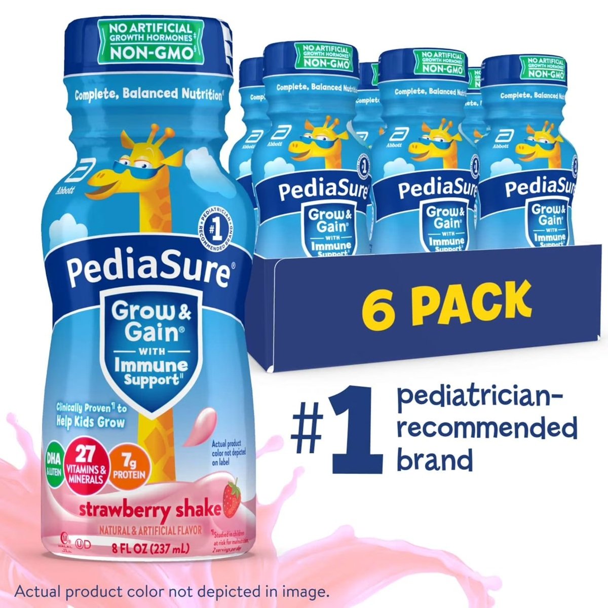PediaSure Grow & Gain with Immune Support, 7g Protein, Strawberry, 8-fl-oz Bottle, Pack of 6