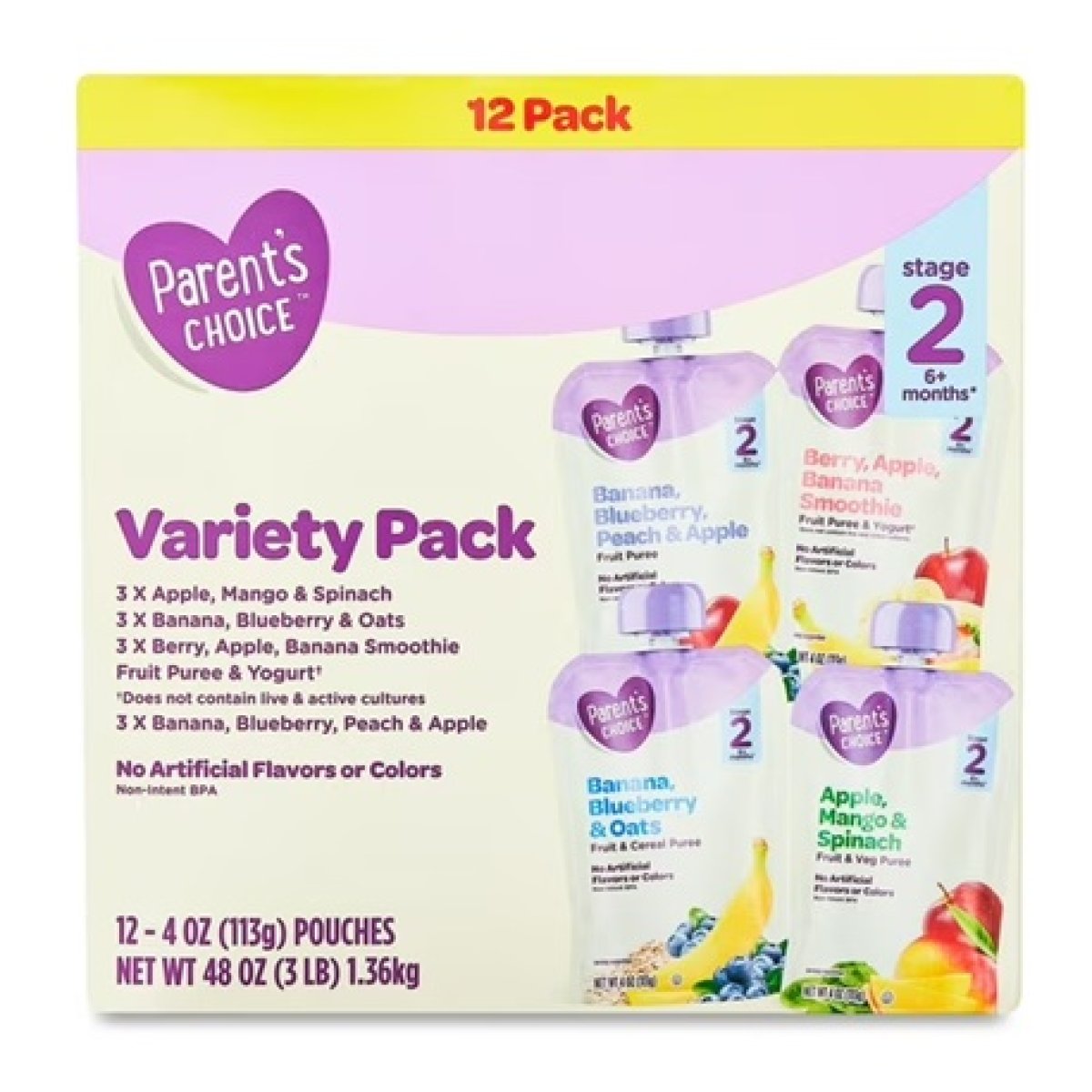 Parent's Choice Stage 2 Baby Food, Variety Pack, 4 oz Pouch, (12 Pack)