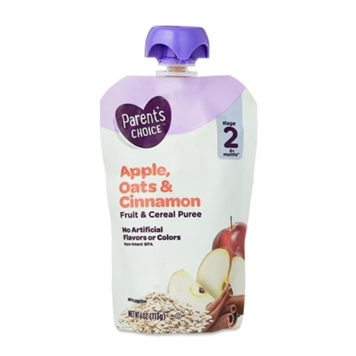 Parent's Choice Stage 2 Baby Food, Apple, Cinnamon, and Oats Fruit and Cereal Puree, 4 oz Pouch