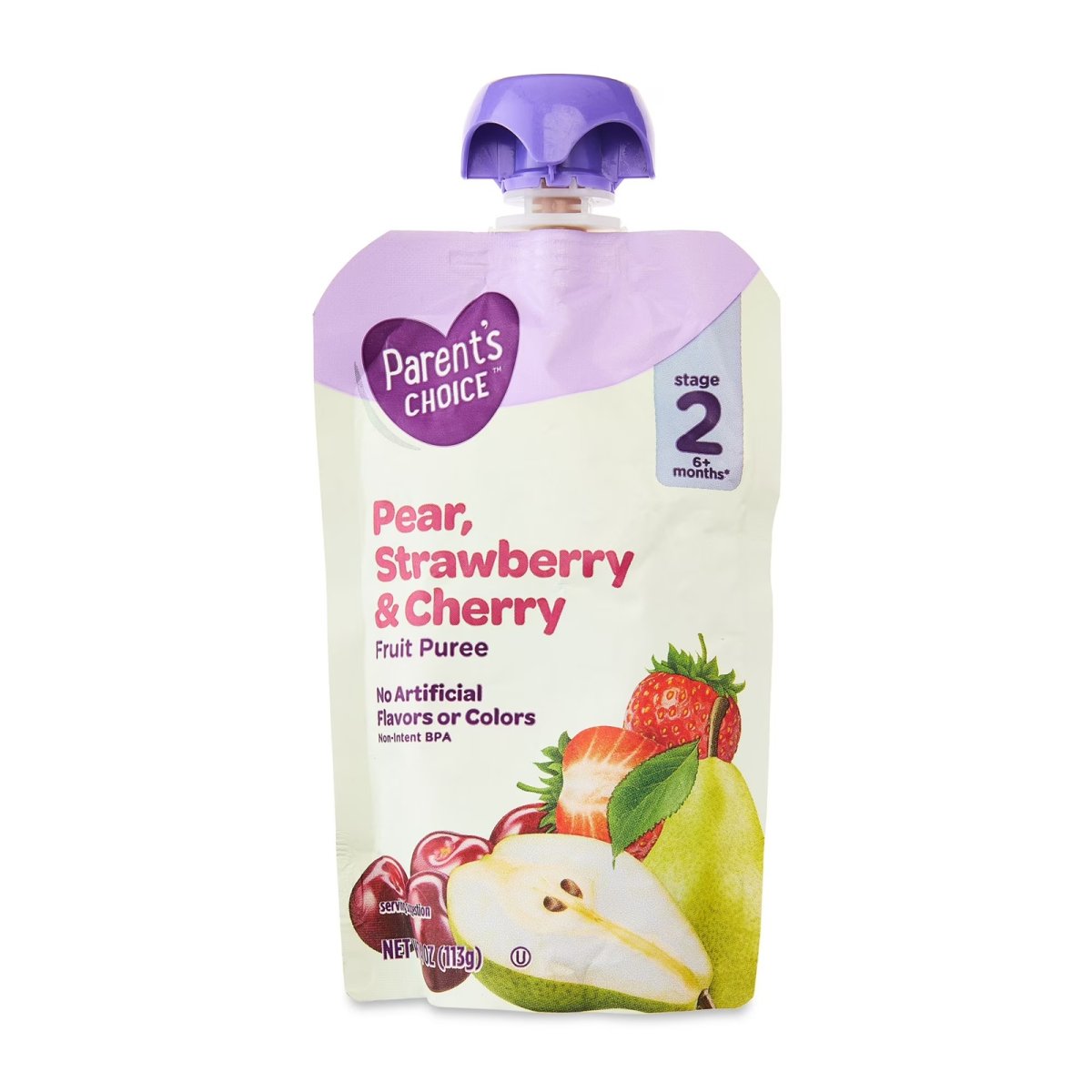 Parent's Choice Pear, Strawberry & Cherry Fruit Puree, Stage 2, 4 oz Pouch