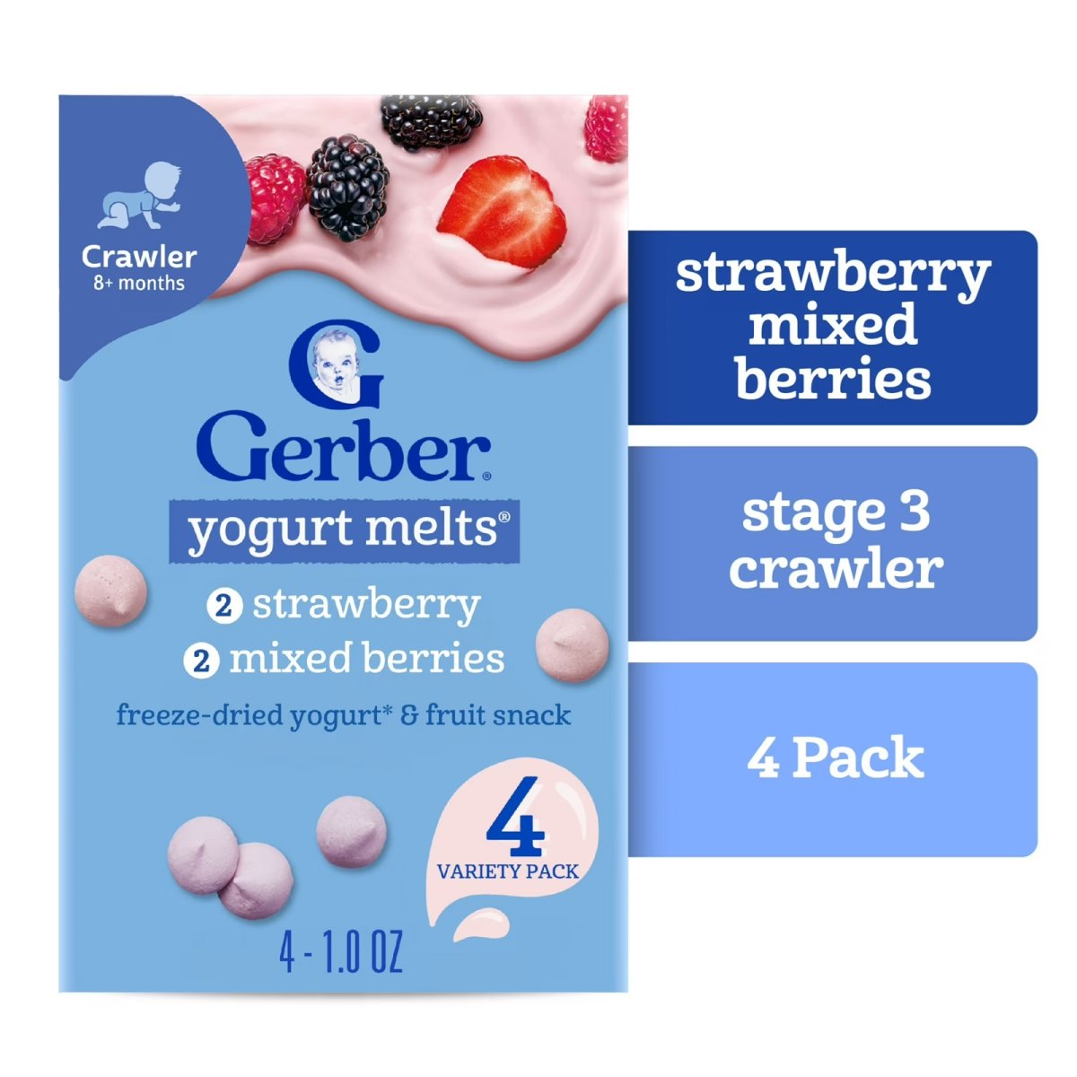 Gerber Stage 3 Baby Snacks, Strawberry and Mixed Berry Yogurt Melts Variety Pack, 1 oz, 4 Count