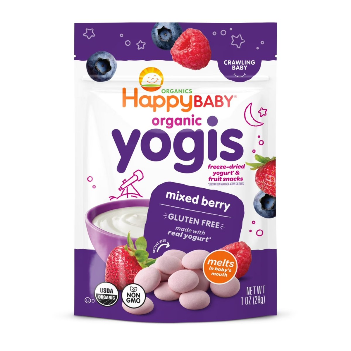 Happy Baby Organics Yogis, Mixed Berry & Yogurt Organic Freeze-Dried Baby Snack, 1 oz Bag