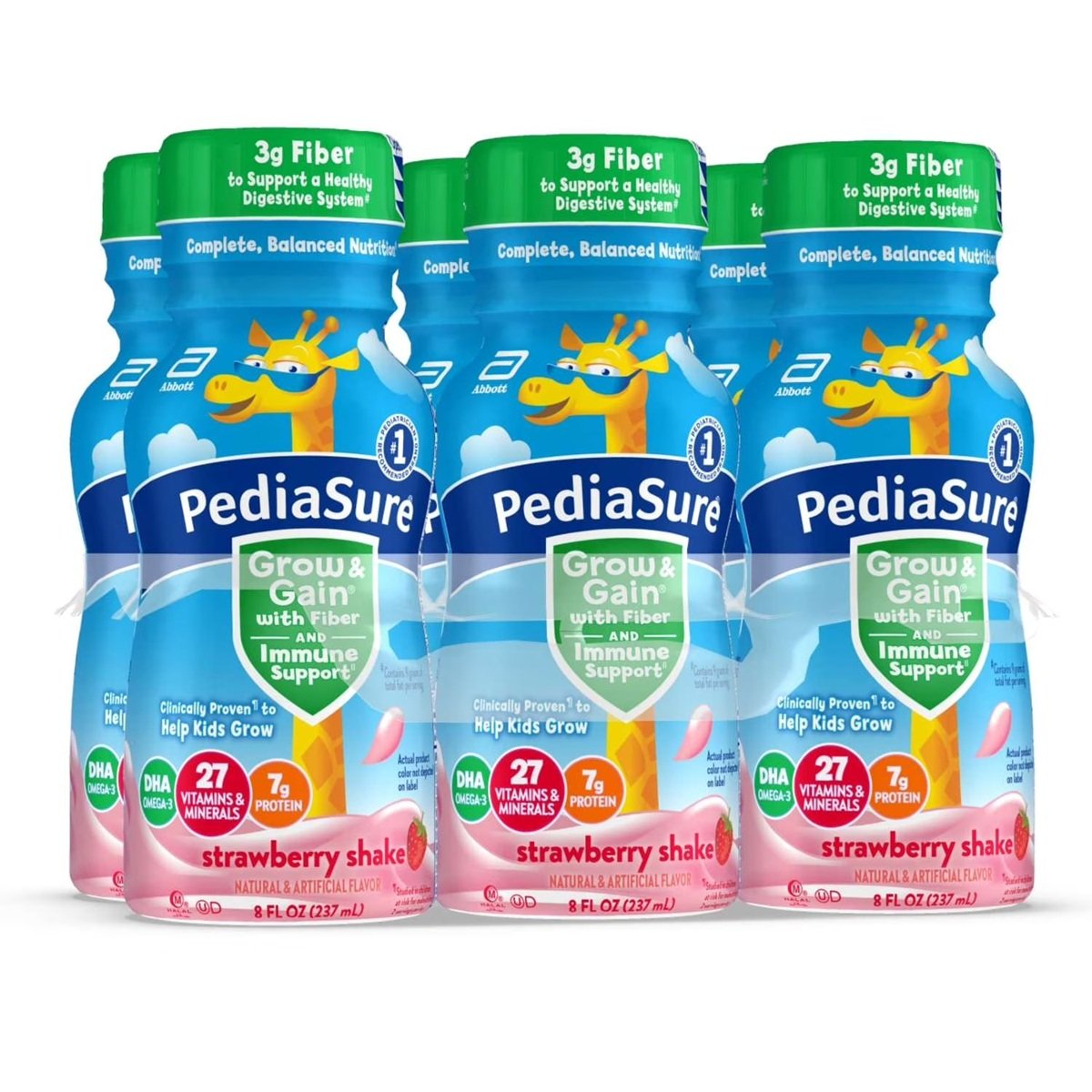 PediaSure Grow & Gain with Fiber & Immune Support, Strawberry, 8-fl-oz Bottle, Pack of 6