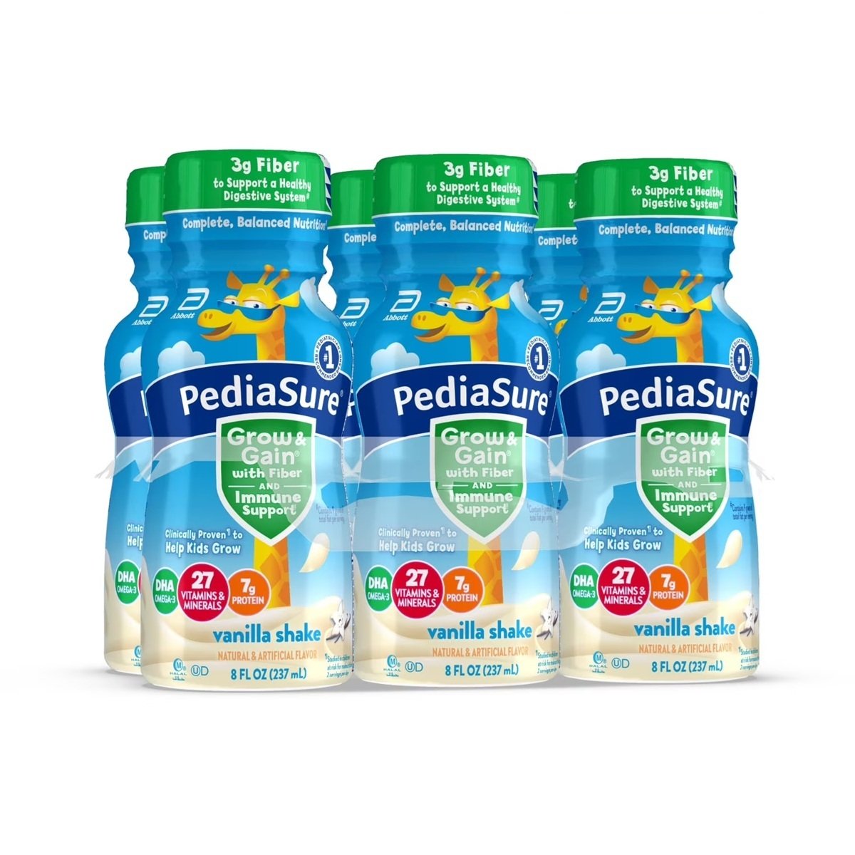 PediaSure Grow & Gain with Fiber & Immune Support, Vanilla, 8-fl-oz Bottle, Pack of 6
