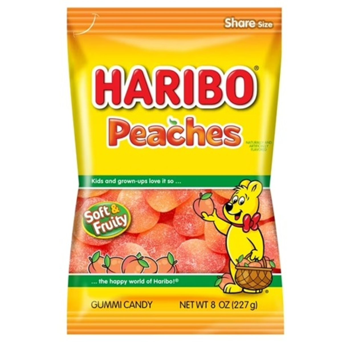 HARIBO Peaches Gummies Fruity Peach Flavor Gummy Candy, 8oz, Share Size Bag