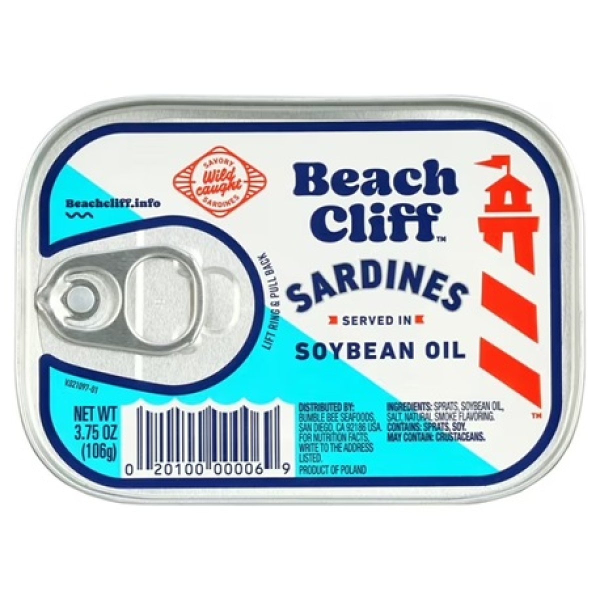 Beach Cliff Wild Sardines in Soybean Oil, Gluten Free, 14g of Protein per Serving, Shelf-Stable Can, 3.75 oz