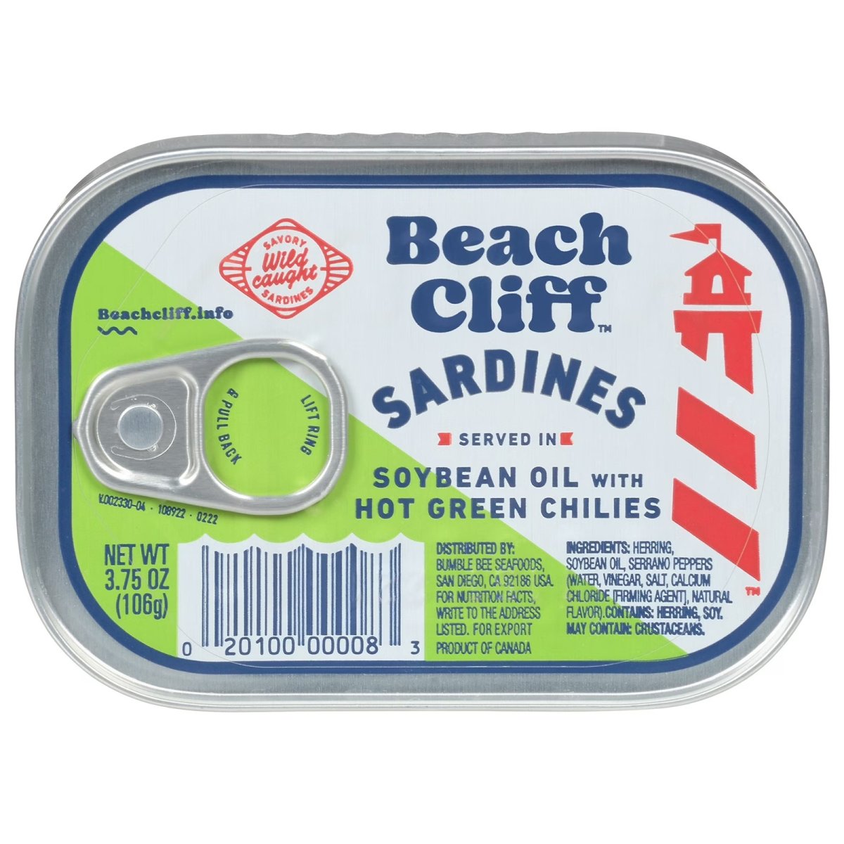 Beach Cliff Wild Sardines in Soybean Oil with Spicy Green Chilies, Gluten Free, 17g of Protein per Serving, Shelf-Stable Can, 3.75 oz