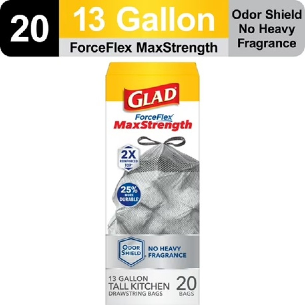 Glad ForceFlex MaxStrength Tall Kitchen Drawstring Trash Bags, 13 Gallon, Odorshield, 20 Count