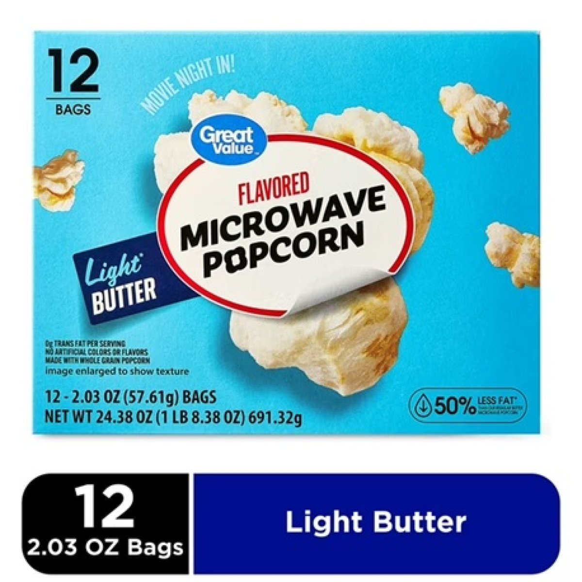 Great Value Light Butter Flavored Microwave Popcorn, 2.03 oz, 12 Count
