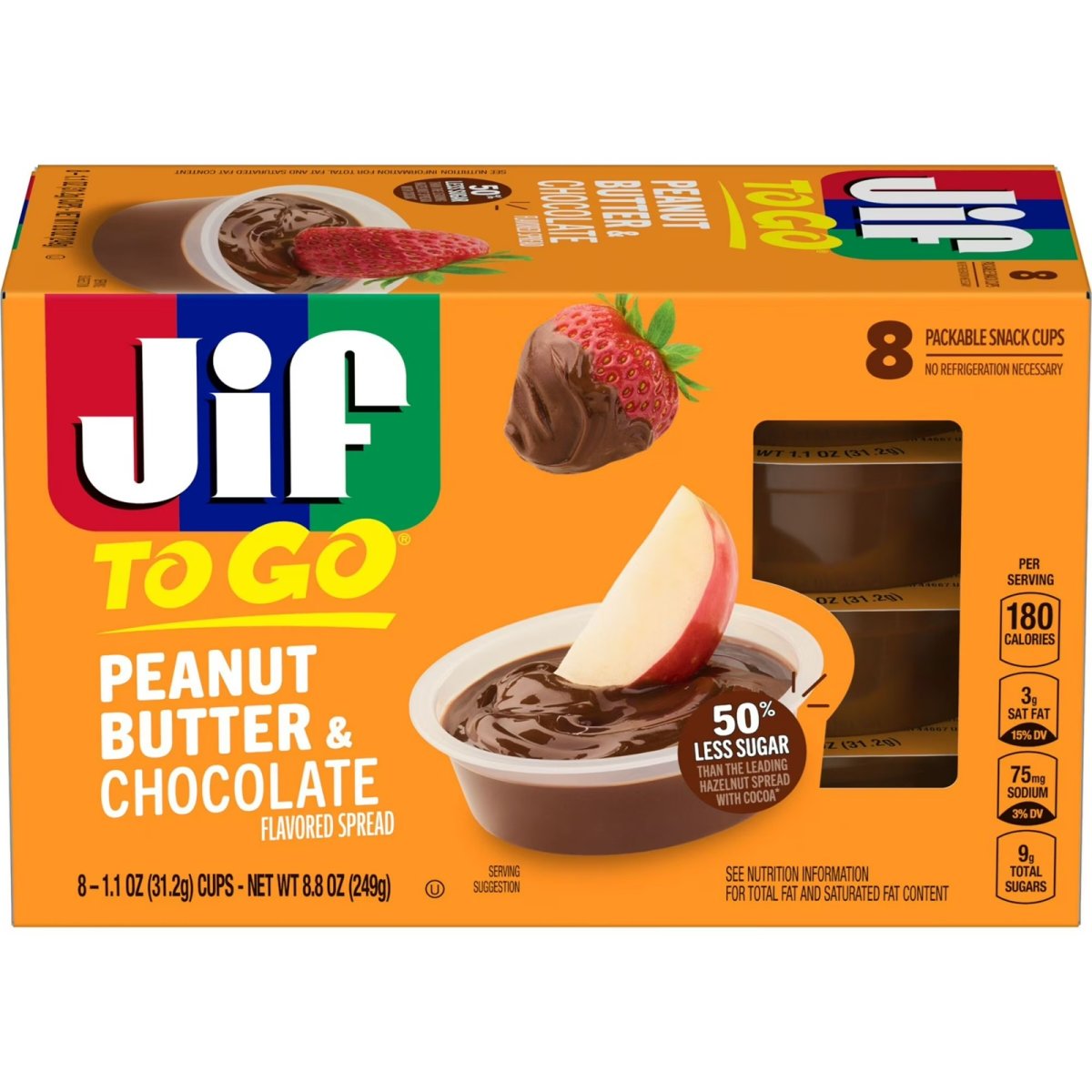 Jif To Go Peanut Butter Chocolate Flavored Spread, 8 Individual Cups, 1.1 oz. Each