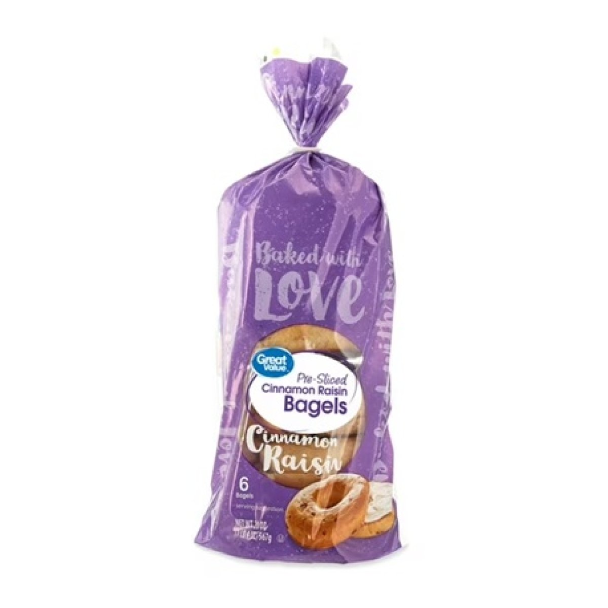 Great Value Cinnamon Raisin Bagels, Sliced, 20 oz, 6 Count