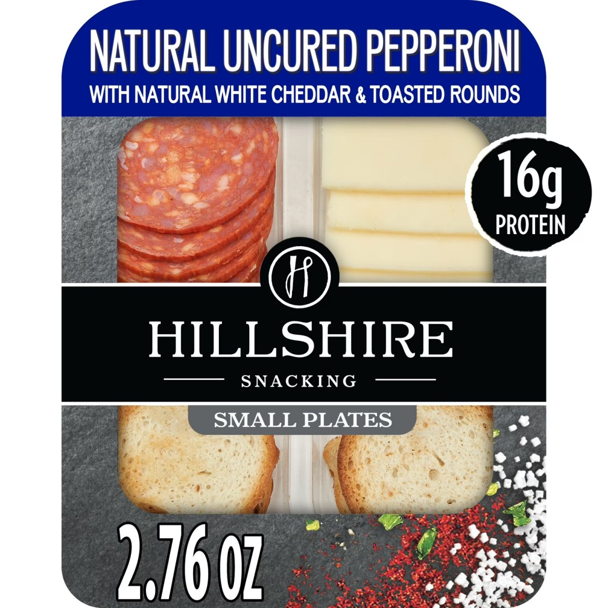 Hillshire Snacking Protein Small Dishes, Natural Uncured Pepperoni, Natural White Cheddar Cheese and Toasted Snack Pack, 2.76 oz (Refrigerated)
