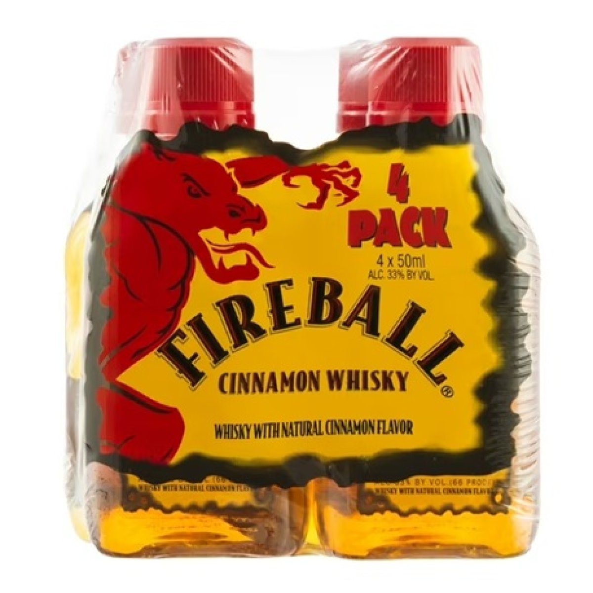 Fireball Cinnamon Whiskey, 50ml Plastic Bottles, 4 Units, 33% Alcohol