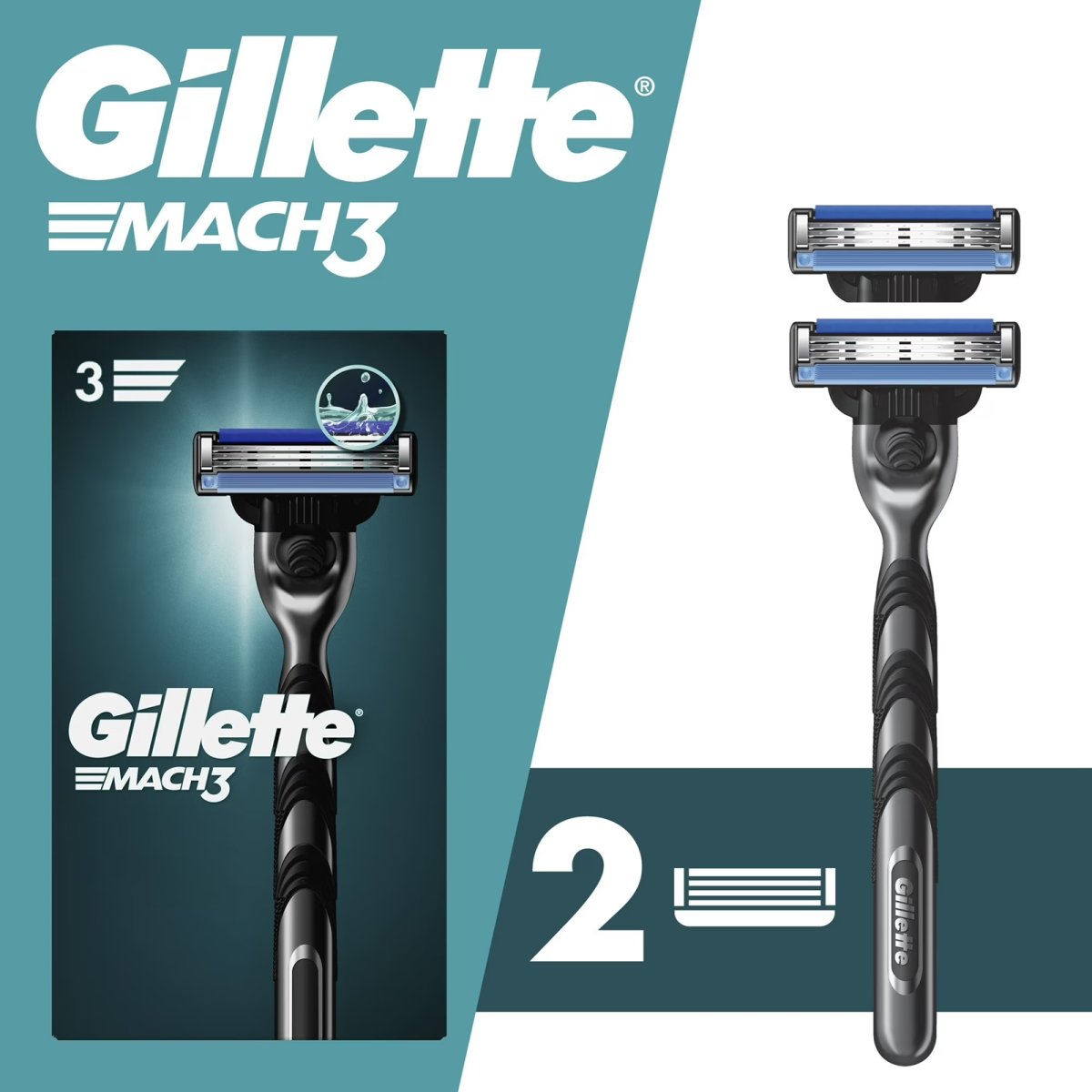 Gillette Mach3 Men's Manual Razor, 3 Blade Razor, 1 Handle and 2 Blade Refills, Silver