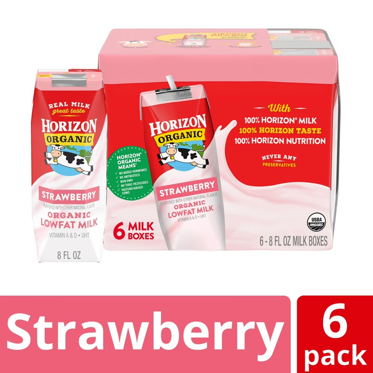 Horizon Organic 1% Low Fat Milk Cartons, Strawberry Flavor, 8 fl oz, 6 Pack