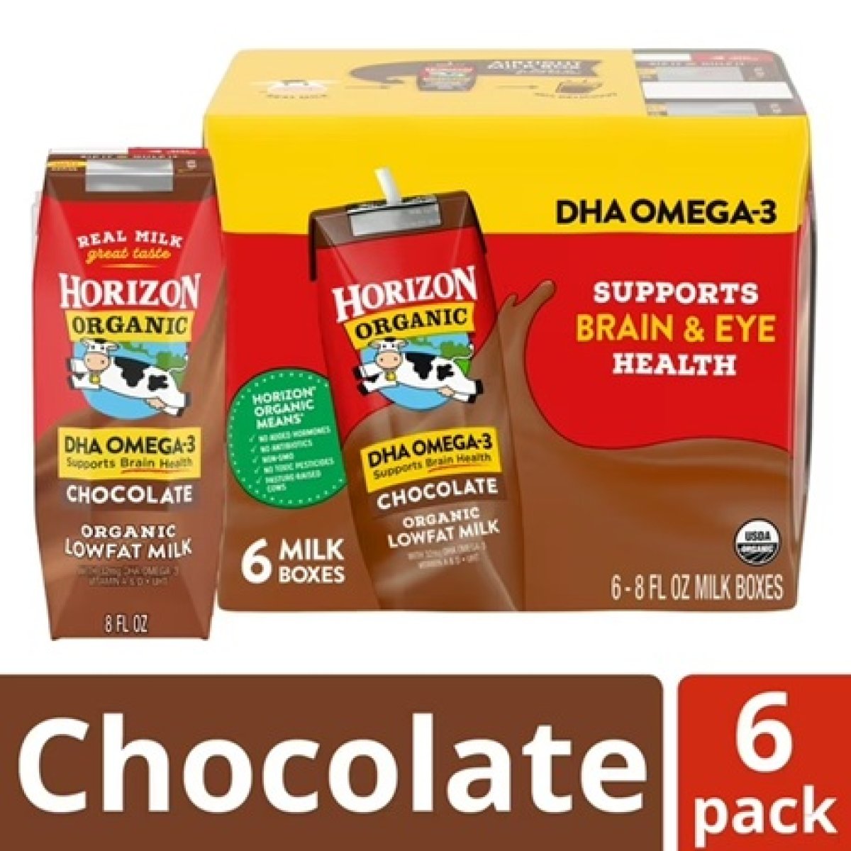 Horizon Organic 1% Low Fat Milk Boxes with DHA Omega-3, Chocolate, 8 fl oz, 6 Pack
