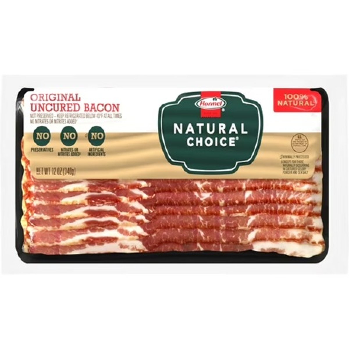 HORMEL NATURAL CHOICE Original Uncured Bacon, Gluten Free, Refrigerated, 12 oz Plastic Package