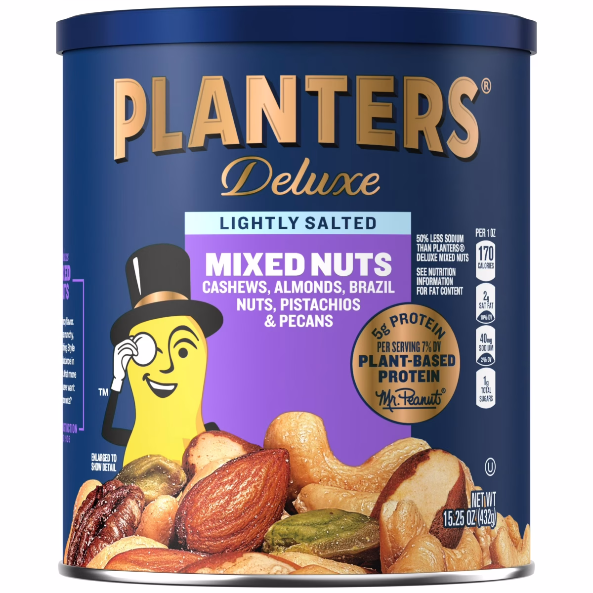 PLANTERS Deluxe Lightly Salted Mixed Nuts, Party Snacks, Plant Based Protein 15.25 oz Steel Can