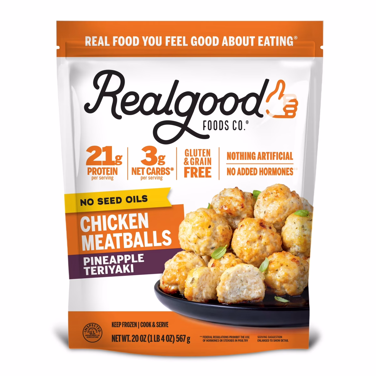 Realgood Foods Co. Gluten-Free Pineapple Teriyaki Fully Cooked Chicken Meatballs, 20oz Bag (Frozen)