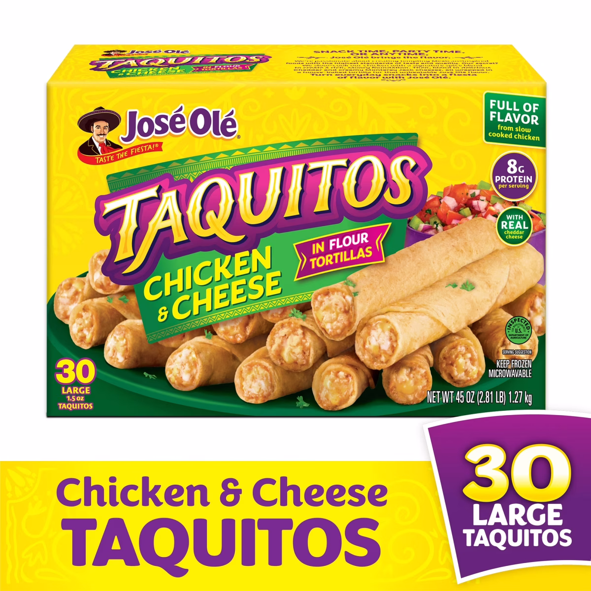 Jose Ole Chicken & Cheese Flour Taquitos, Frozen Mexican Food, 45 oz, 30 Count