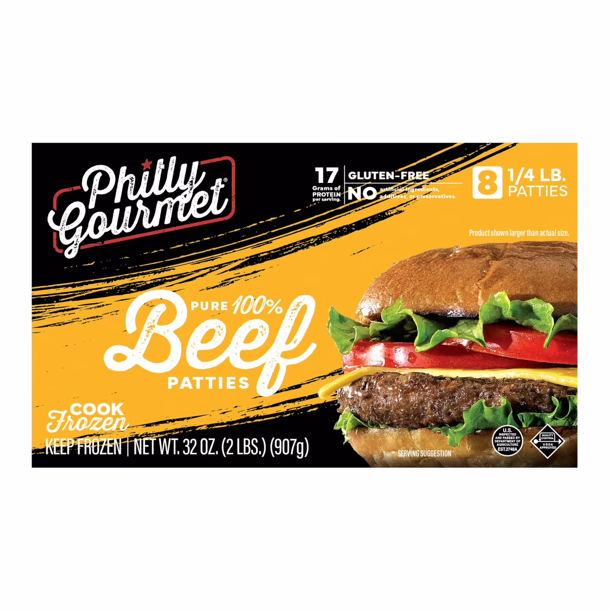 Philly Gourmet 100% Pure Beef Patties, 8 Count, 2 lbs, Frozen, No Antibiotics