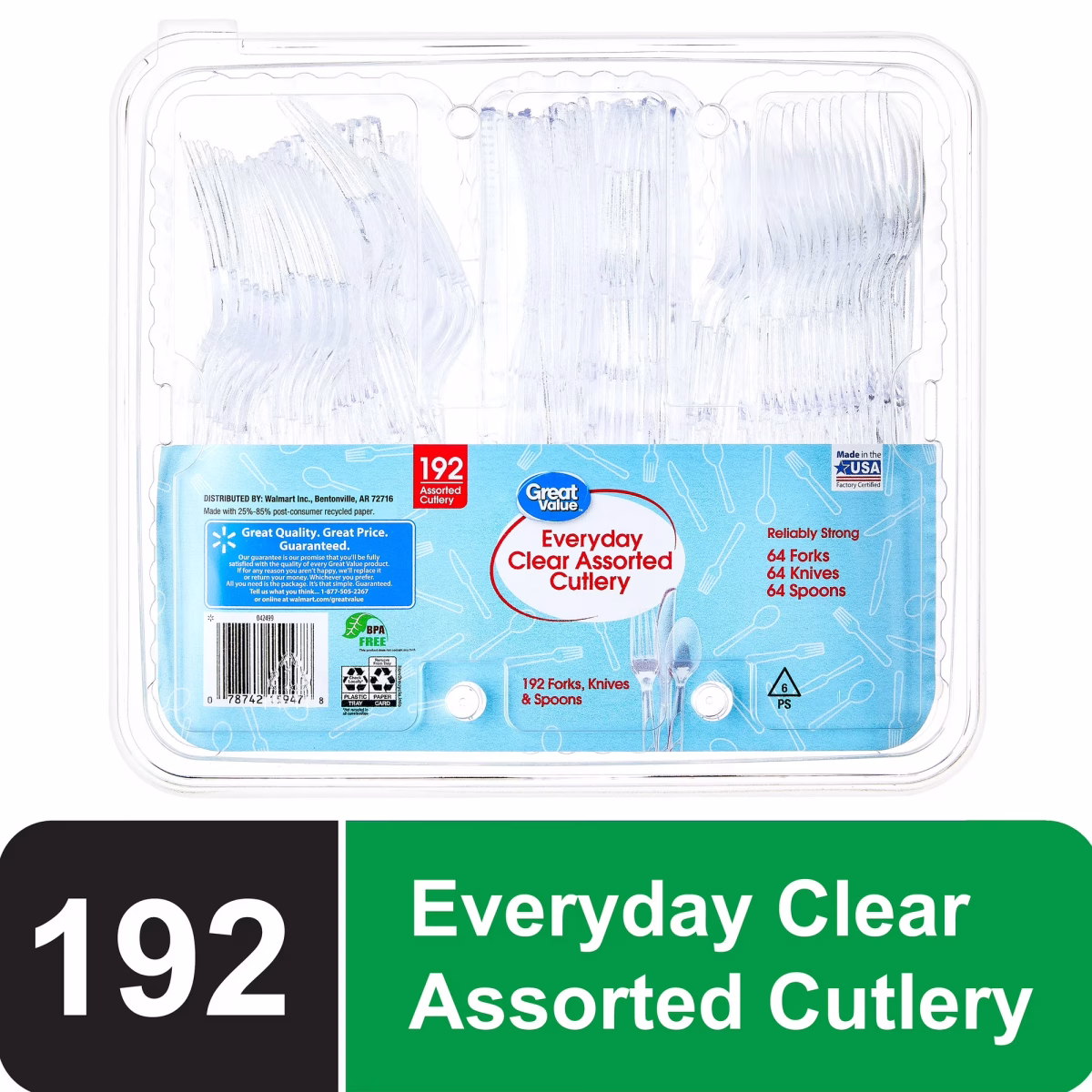 Great Value Plastic Everyday Clear Assorted Cutlery, 192 Count
