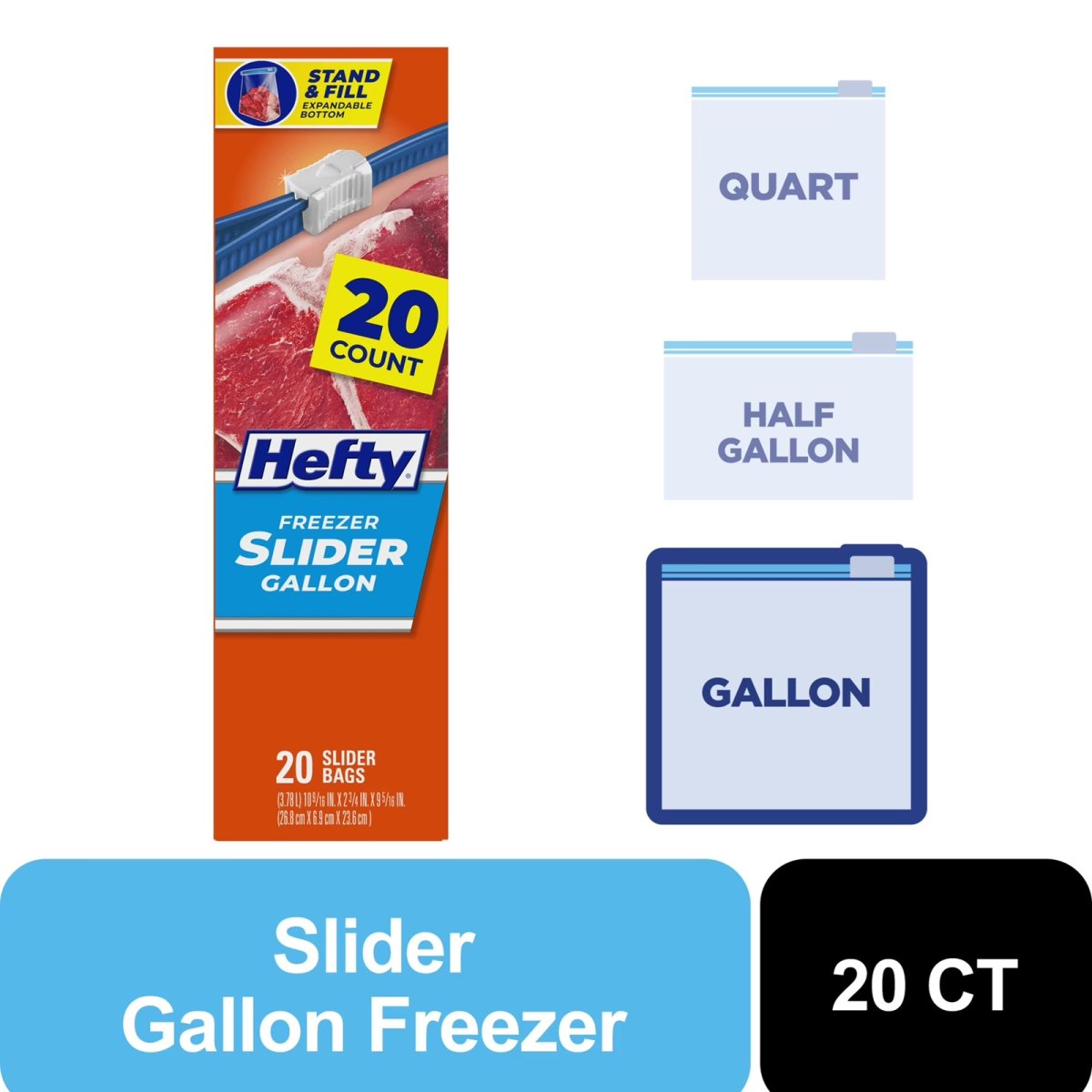 Hefty Slider Kitchen Freezer Storage Bags, Gallon Size, 20 Count